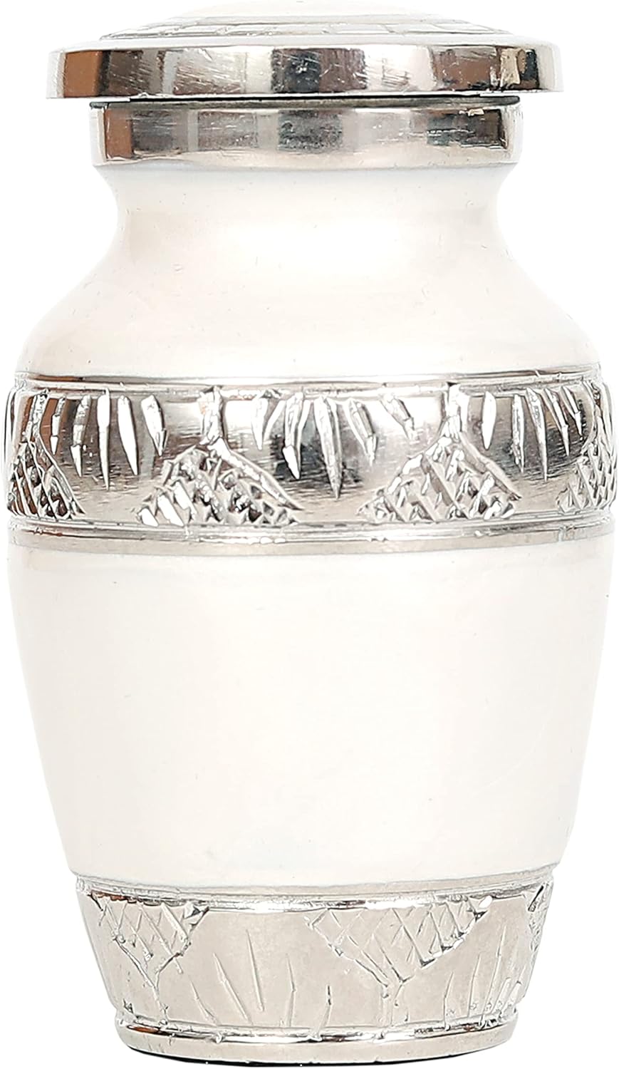 Lovely White & Silver Small Keepsake Urn Qnty 1 - Mini Keepsake Urn for Human Ashes with 1 Velvet Box Bag-Keepsake Urn -Beautiful Peaceful Mini Memorial Affordable Keepsake Urn (3.5 "in)