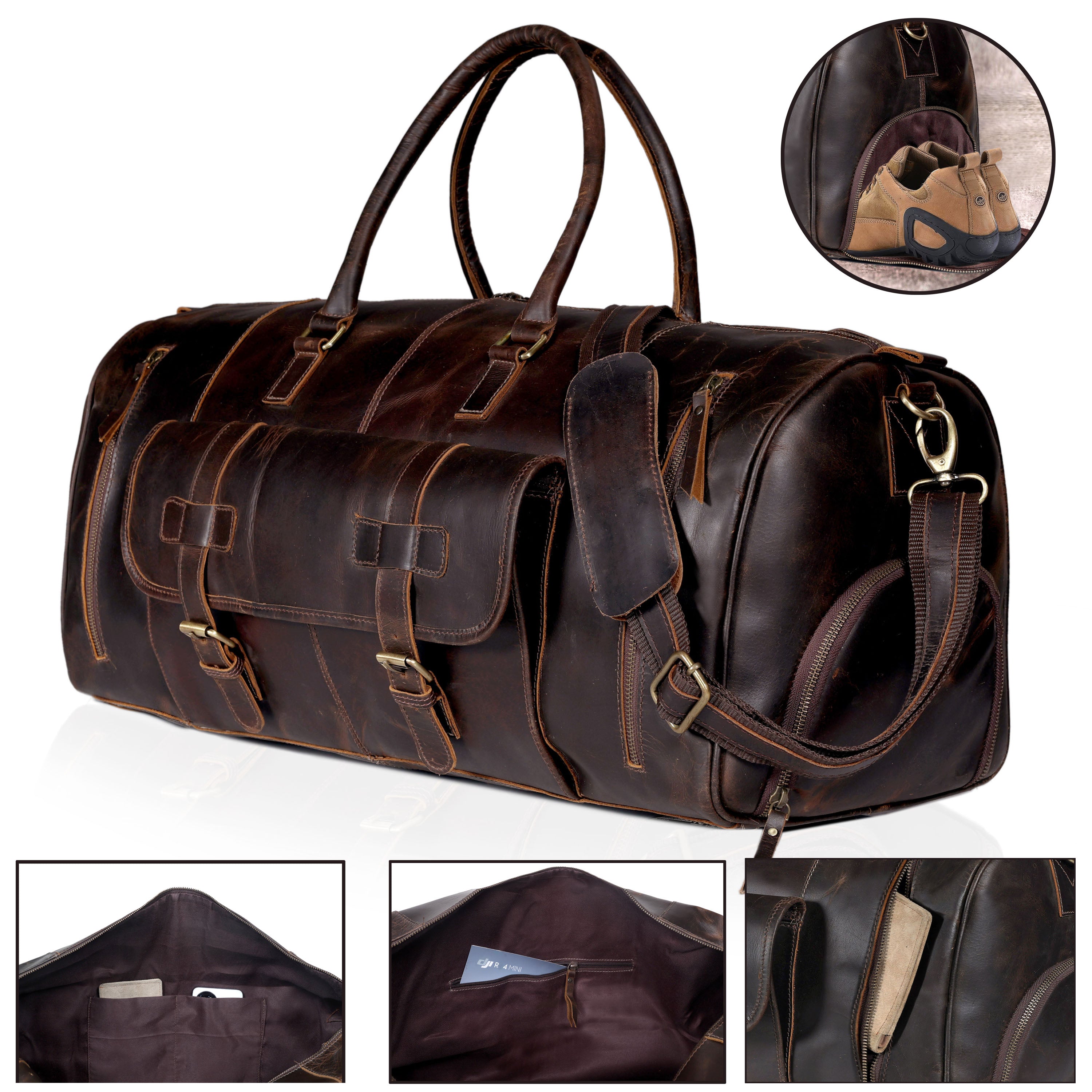 Brown Leather Shoe Duffle Bag for Men – Travel Weekender with Shoe Compartment