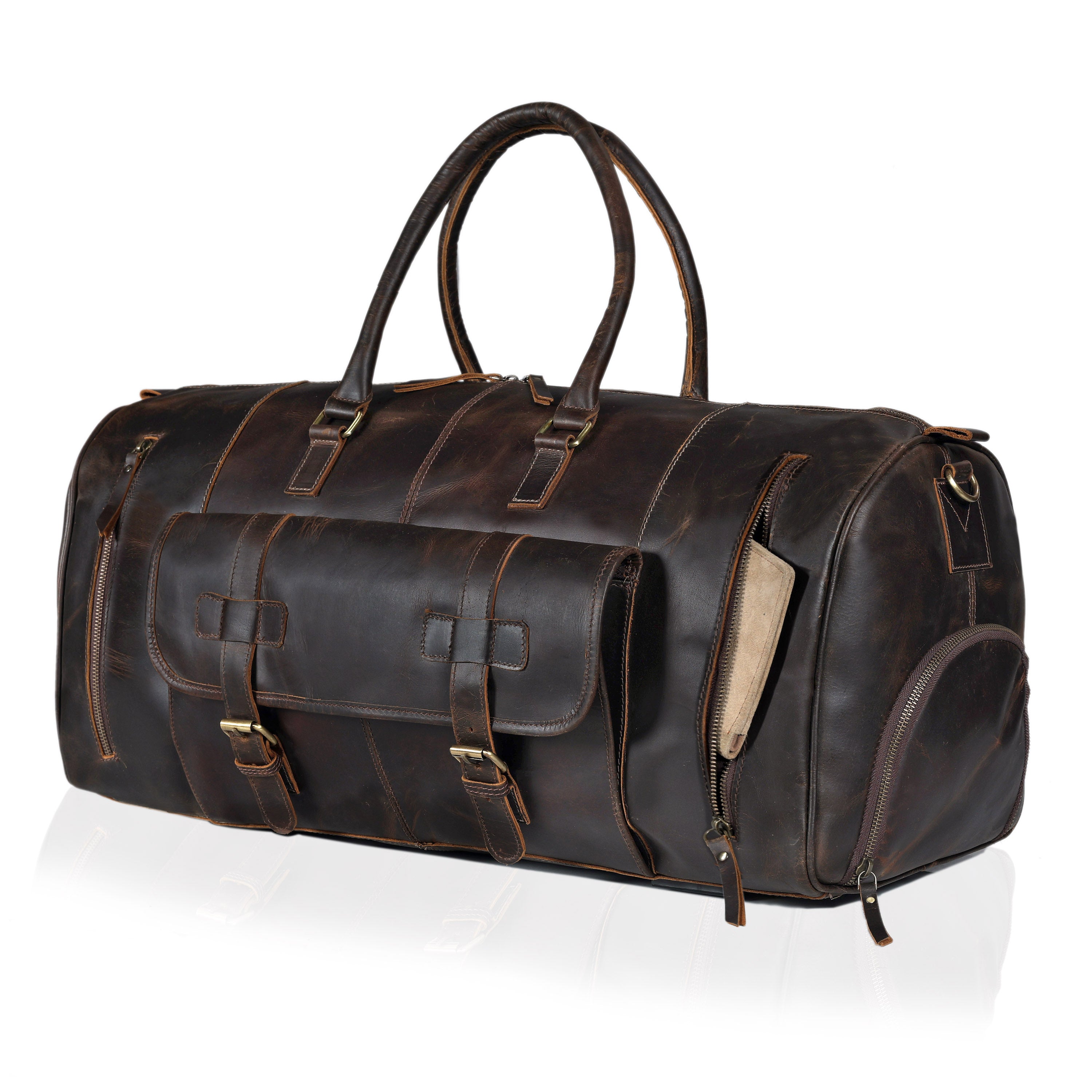 Brown Leather Shoe Duffle Bag for Men – Travel Weekender with Shoe Compartment