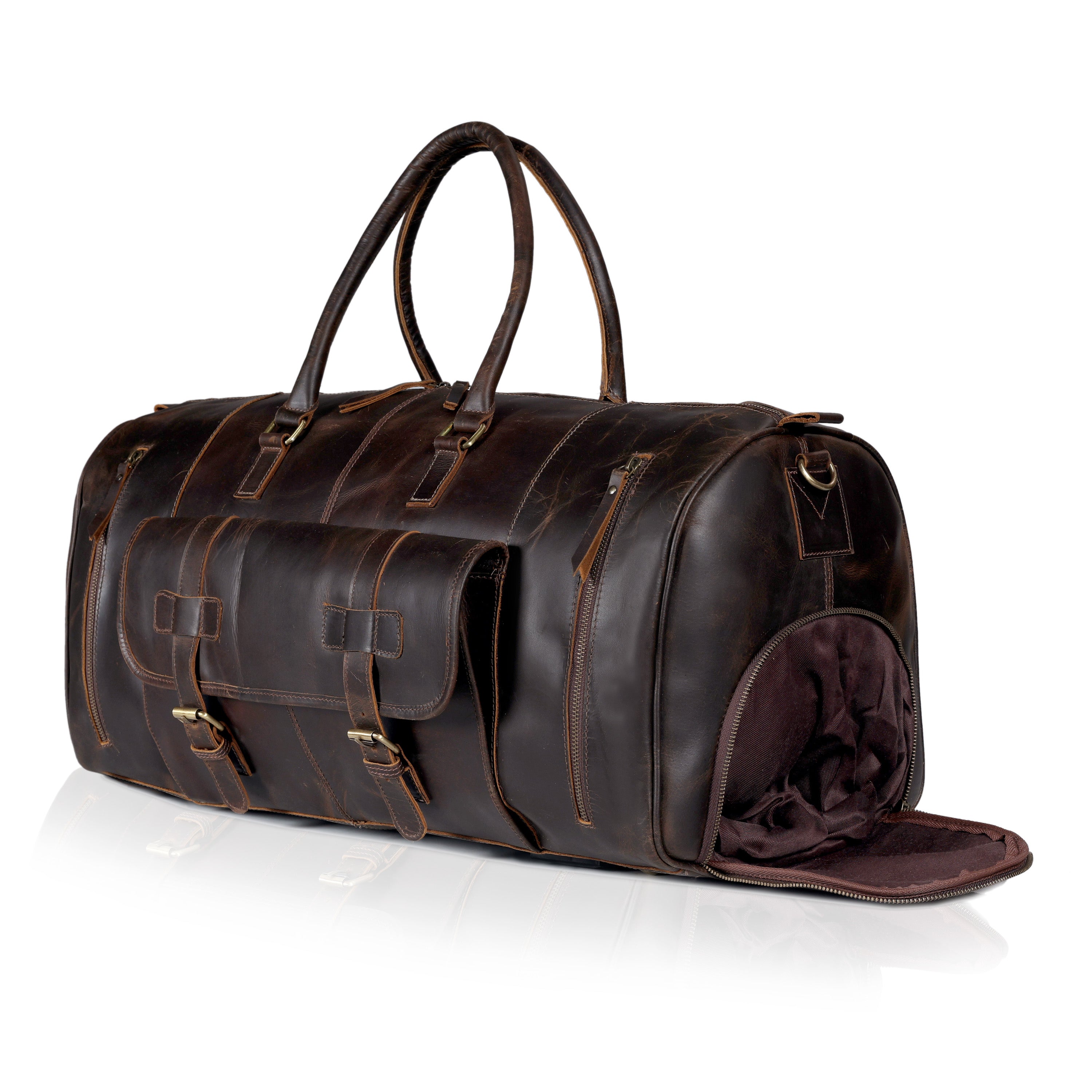 Brown Leather Shoe Duffle Bag for Men – Travel Weekender with Shoe Compartment