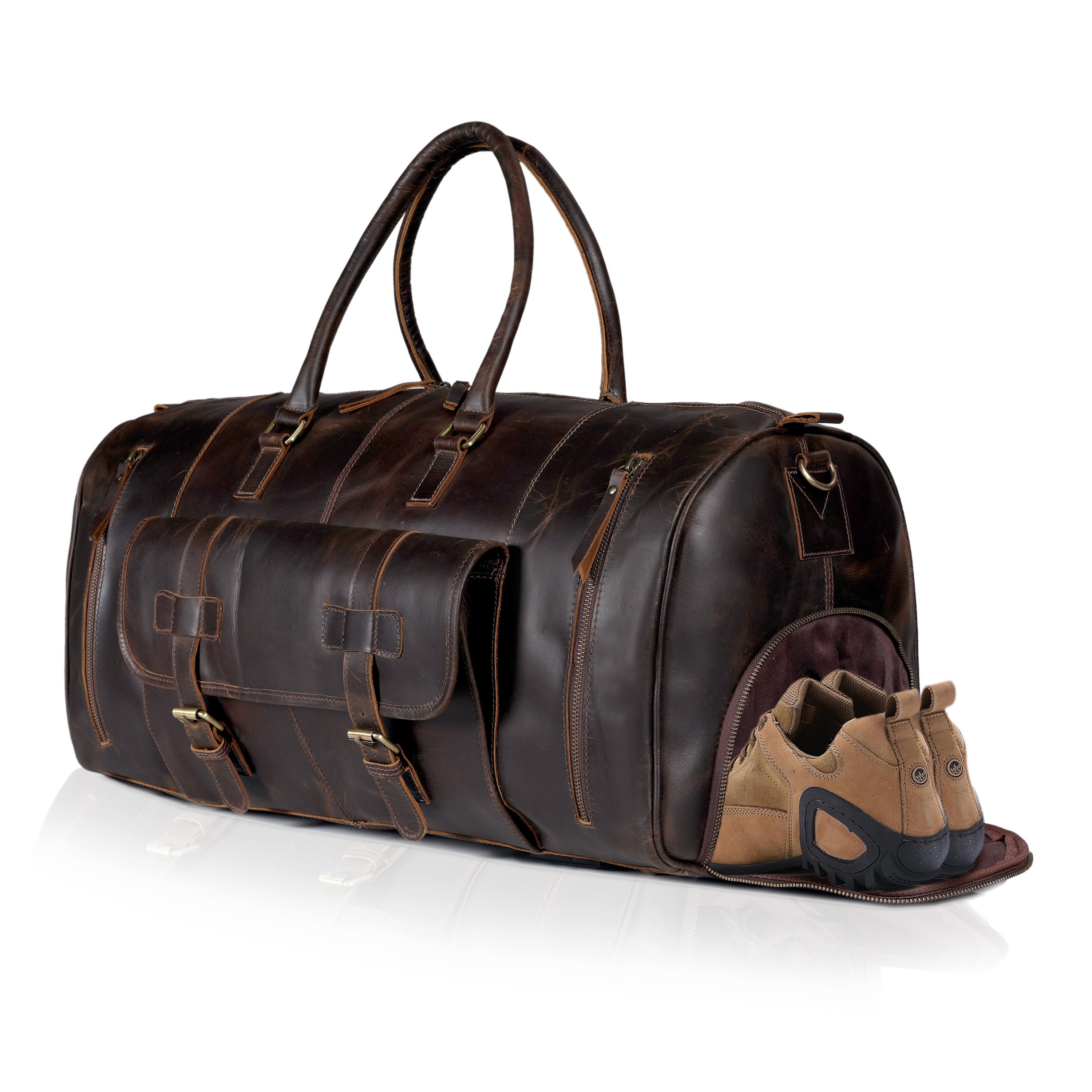 Brown Leather Shoe Duffle Bag for Men – Travel Weekender with Shoe Compartment