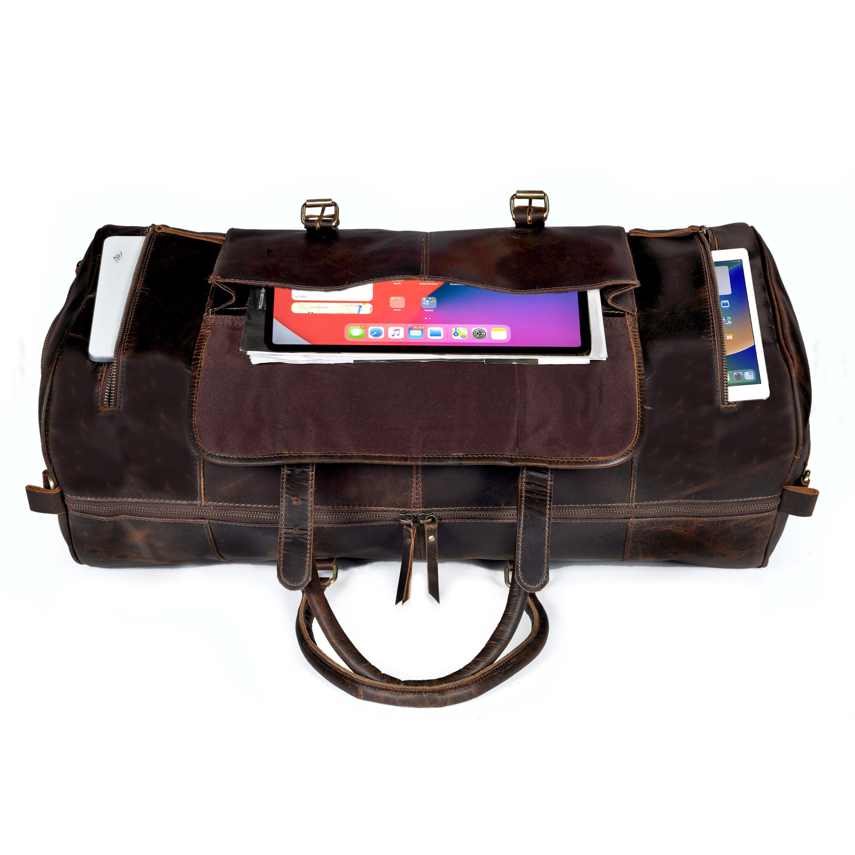 Brown Leather Shoe Duffle Bag for Men – Travel Weekender with Shoe Compartment