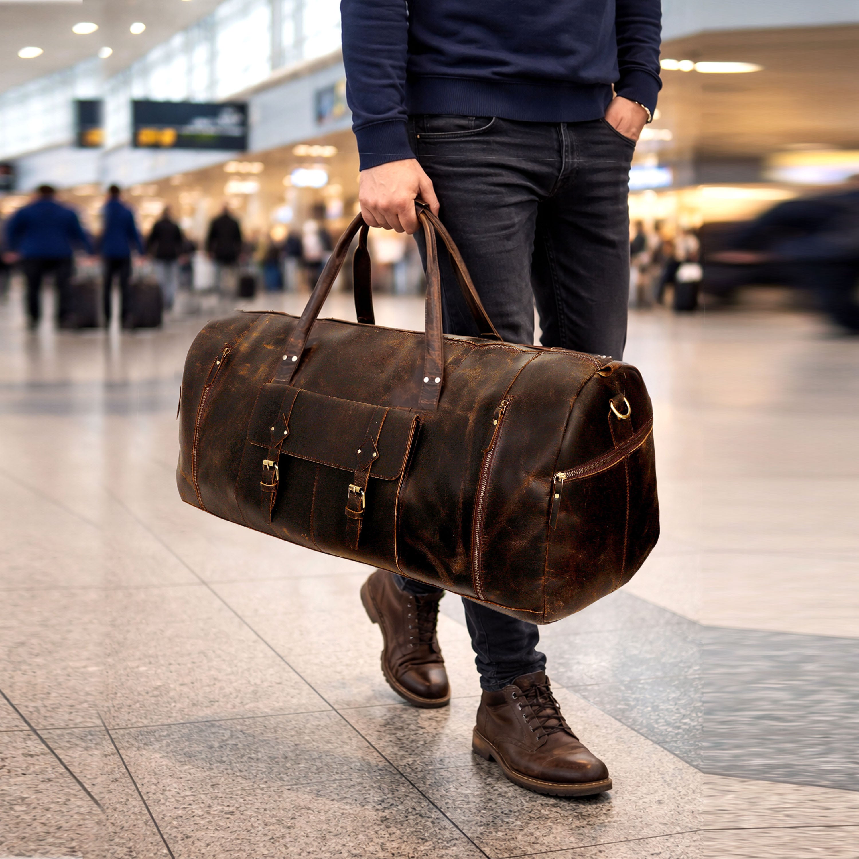 Leather Weekender Bag with Model