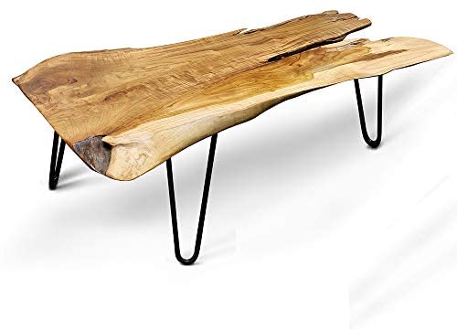 HLC Badang Carving Natural Wood Edge Teak Contemporary Coffee Cocktail Table with Clear Lacquer Finish and Metal Hairpin Legs for Living Room