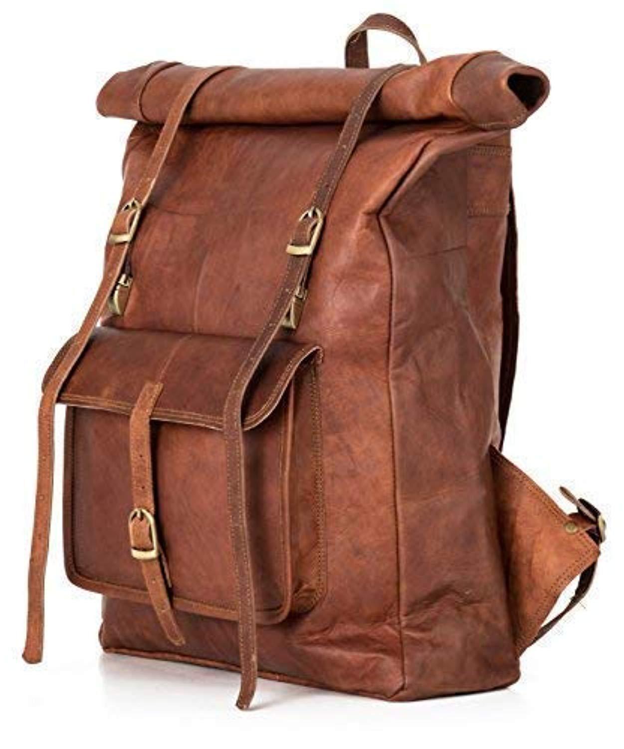 Roll Top Backpack Rucksack for Women Men Vintage Water Resistant Leather  Brown Big xl