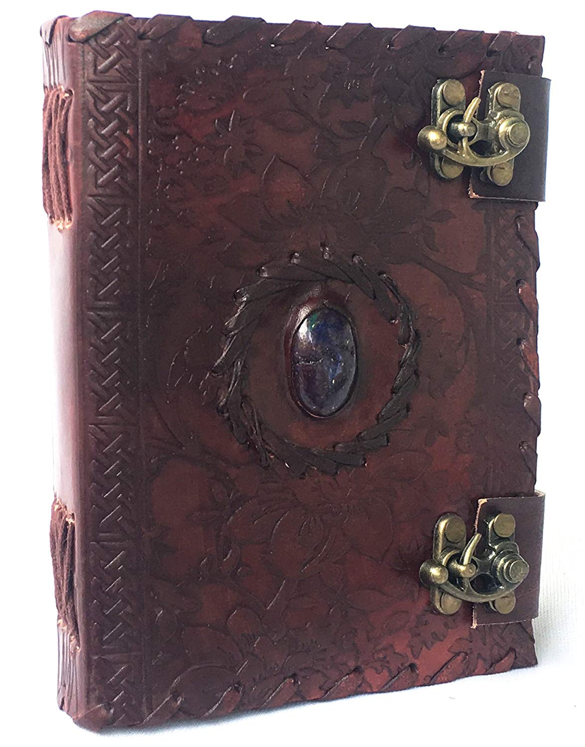 Handmade embossed blue stone leather journal notebook refillable sketchbook with 2 latches, lace edging diary by cuero - cuerobags