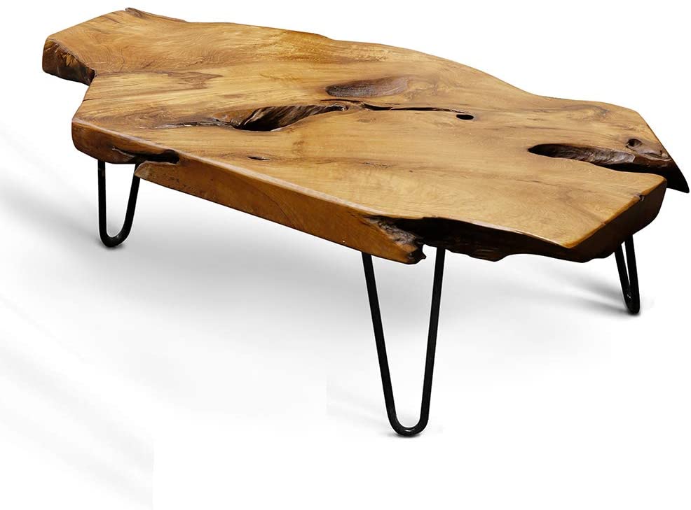 HLC Badang Carving Natural Wood Edge Teak Contemporary Coffee Cocktail Table with Clear Lacquer Finish and Metal Hairpin Legs for Living Room