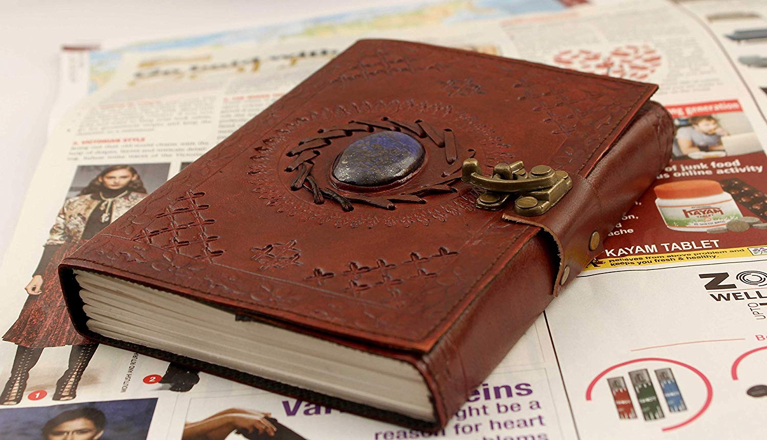 Leather journal with semi-precious stone & buckle closure leather diary gift for him her - cuerobags