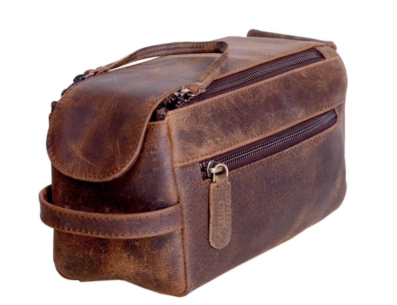 Genuine Buffalo Leather Unisex Toiletry Bag Travel Dopp Kit (Distresse