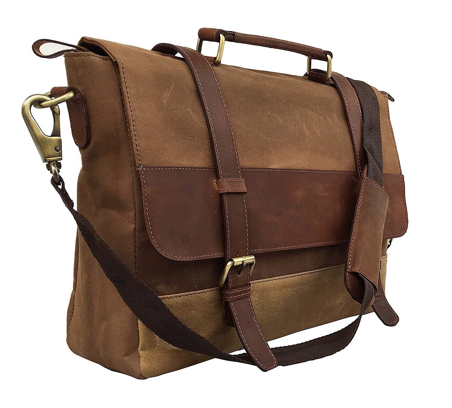 18 Inch Mens Messenger Bag Vintage Waxed Canvas Genuine Leather Large Satchel Shoulder Bag Canvas Leather Computer Laptop Bag Tablet Messenger Bag - cuerobags