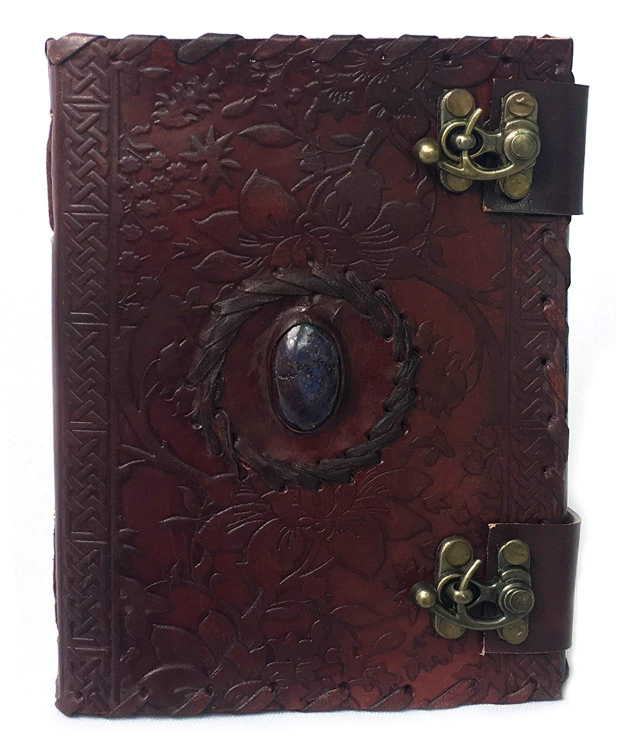 Handmade embossed blue stone leather journal notebook refillable sketchbook with 2 latches, lace edging diary by cuero - cuerobags