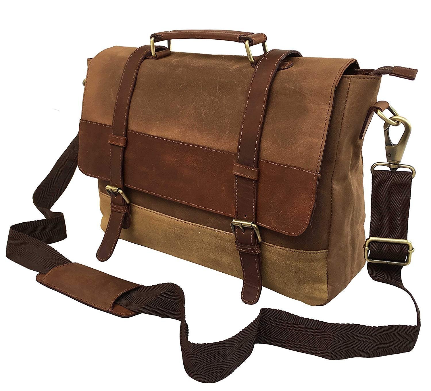 18 Inch Mens Messenger Bag Vintage Waxed Canvas Genuine Leather Large Satchel Shoulder Bag Canvas Leather Computer Laptop Bag Tablet Messenger Bag - cuerobags