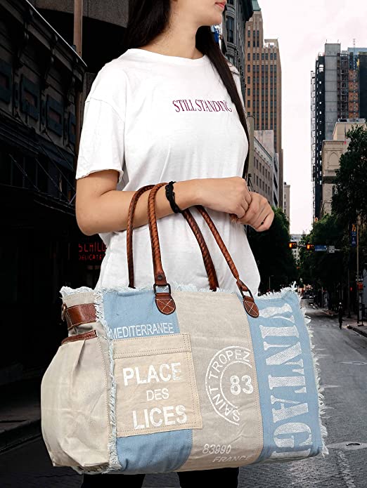 CLA 17 Inch Upcycle Canvas Weekend Bag, Beach Bag & Cowhide Leather Handbag, Canvas Crossbody Bag, Canvas Hobo Bag, Canvas Handbag, Canvas Tote Bag