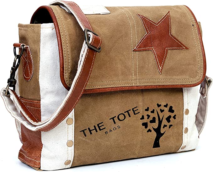 CLA Upcycled Canvas Star Crossbody Bag, Upcycled Canvas & Cowhide Crossbody Bag, Upcycled Canvas & Cowhide Leather Crossbody Bag for Women, Canvas Crossbody Bags for Women