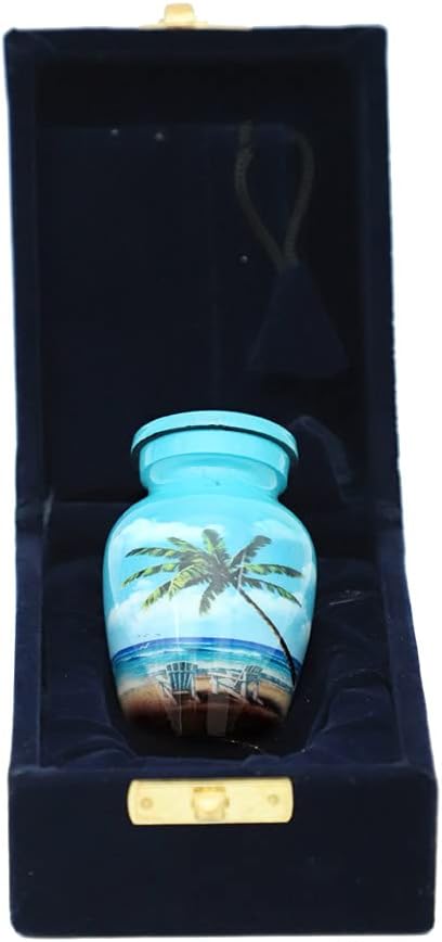 Blue Beach Small Keepsake - Keepsake Urn with 1 Velvet Box Bag-Mini Keepsake Urn - Ashes Urn 4" H x 2.4" W x 3" L