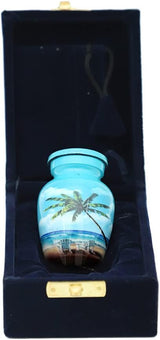 Blue Beach Small Keepsake - Keepsake Urn with 1 Velvet Box Bag-Mini Keepsake Urn - Ashes Urn 4" H x 2.4" W x 3" L