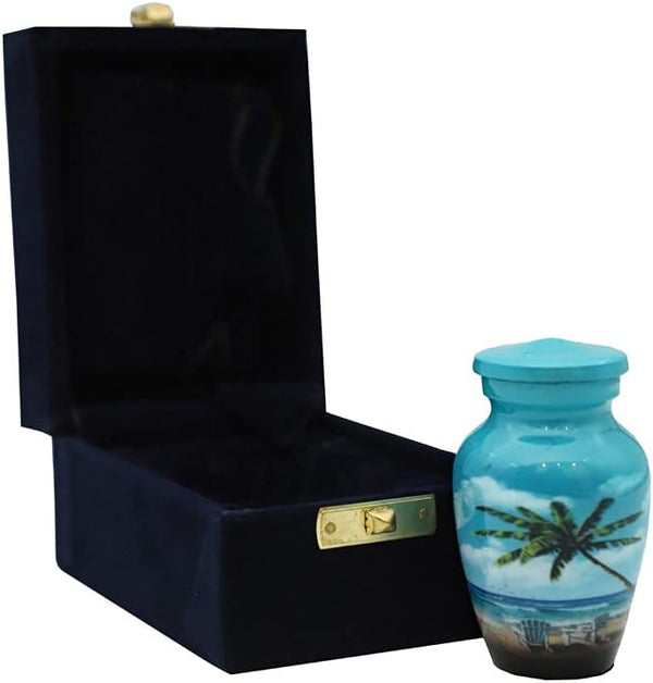 Blue Beach Small Keepsake - Keepsake Urn with 1 Velvet Box Bag-Mini Keepsake Urn - Ashes Urn 4" H x 2.4" W x 3" L