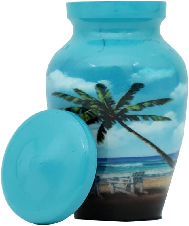 Blue Beach Small Keepsake - Keepsake Urn with 1 Velvet Box Bag-Mini Keepsake Urn - Ashes Urn 4" H x 2.4" W x 3" L