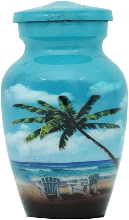 Blue Beach Small Keepsake - Keepsake Urn with 1 Velvet Box Bag-Mini Keepsake Urn - Ashes Urn 4" H x 2.4" W x 3" L