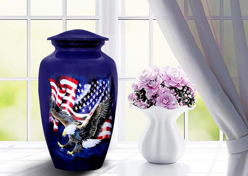 Blue Eagle with USA Flag Urn for Human Ashes - Adult Funeral Cremation Urn Handcrafted - Affordable Urn for Ashes (Adult (200 lbs) – 10.5 x 6 “