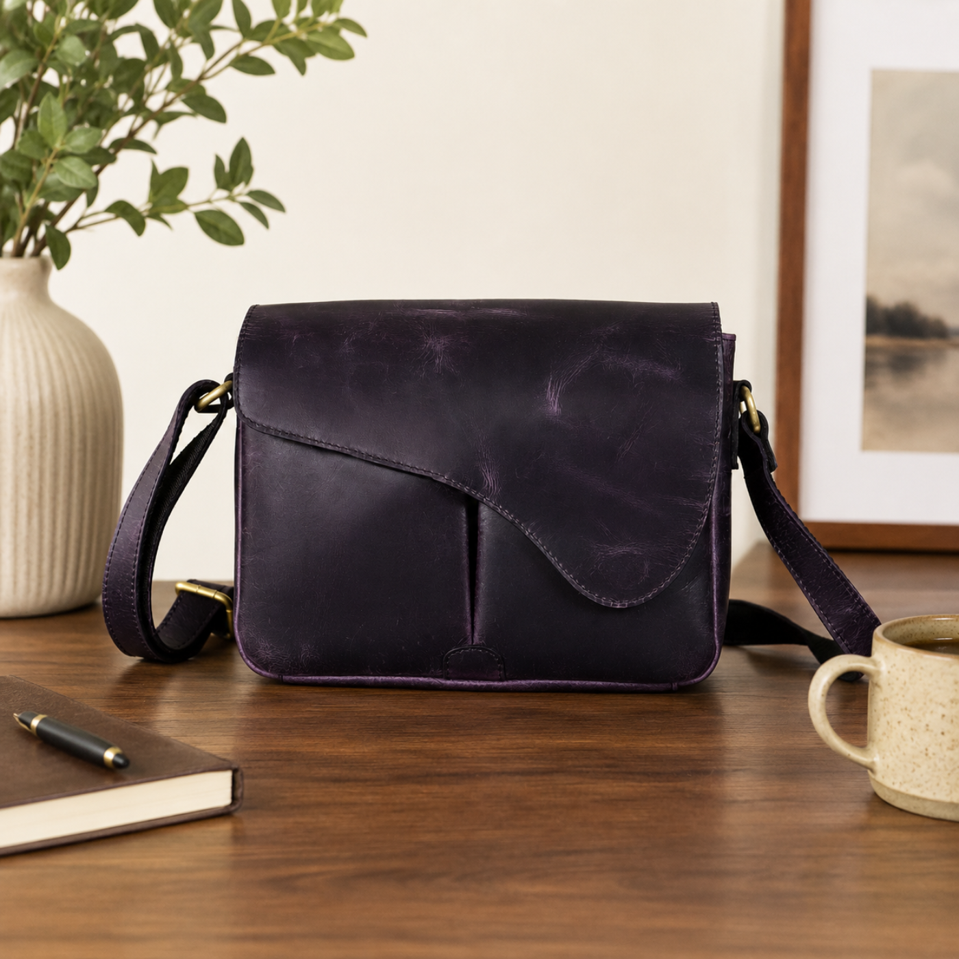 Chic Purple Leather Crossbody Bag