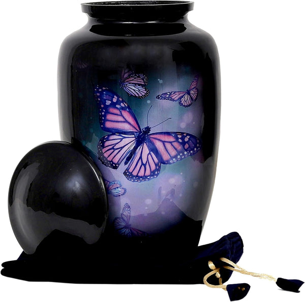 Lovely Butterfly Black Finish Cremation Urn for Human Ashes - Funeral Urn Handcrafted - Affordable Urn for Ashes (Adult (200 lbs) – 10.5 x 6 “, Cremation Urn)