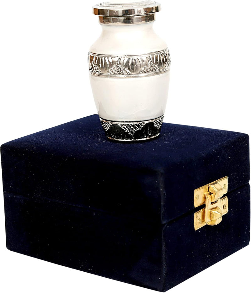 Lovely White & Silver Small Keepsake Urn Qnty 1 - Mini Keepsake Urn for Human Ashes with 1 Velvet Box Bag-Keepsake Urn -Beautiful Peaceful Mini Memorial Affordable Keepsake Urn (3.5 "in)