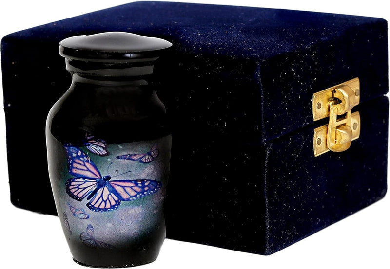 Lovely Black Butterfly Small Keepsake Urn Qnty 1 - Mini Keepsake Urn for Human Ashes with 1 Velvet Box Bag-Keepsake Urn -Beautiful Peaceful Mini Memorial Affordable Keepsake Urn (3.5 "in)