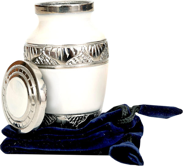 Lovely White & Silver Small Keepsake Urn Qnty 1 - Mini Keepsake Urn for Human Ashes with 1 Velvet Box Bag-Keepsake Urn -Beautiful Peaceful Mini Memorial Affordable Keepsake Urn (3.5 "in)