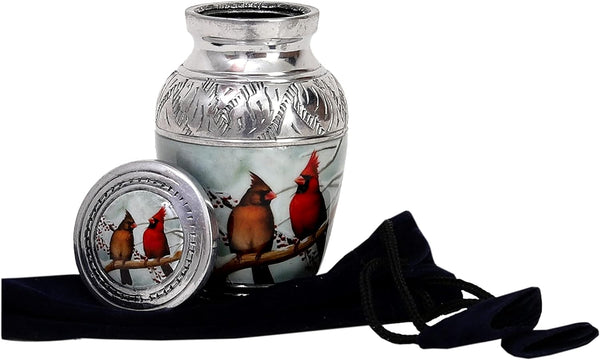 Small Cardinal Couple Bird Lovely Keepsake Urn Qnty 1 - Keepsake Urn for Human Ashes with 1 Velvet Box Bag - Mini Memorial Affordable Keepsake Urn (4.5.in)