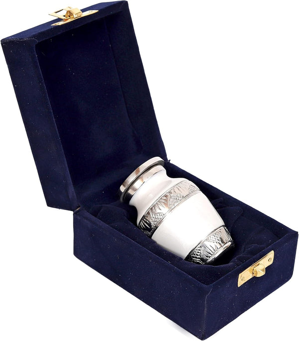 Lovely White & Silver Small Keepsake Urn Qnty 1 - Mini Keepsake Urn for Human Ashes with 1 Velvet Box Bag-Keepsake Urn -Beautiful Peaceful Mini Memorial Affordable Keepsake Urn (3.5 "in)