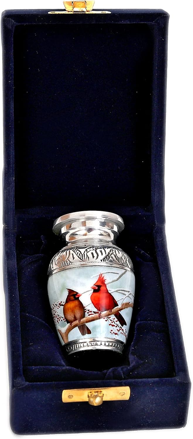 Small Cardinal Couple Bird Lovely Keepsake Urn Qnty 1 - Keepsake Urn for Human Ashes with 1 Velvet Box Bag - Mini Memorial Affordable Keepsake Urn (4.5.in)