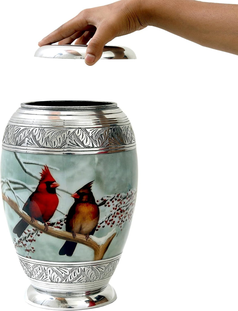 Beautiful Cardinal couple Bird Cremation Large Urn for Human Ashes - Handcrafted - Affordable Urn for Ashes (Adult (200 lbs) – 10.5 x 6 “, Urn)