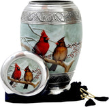 Beautiful Cardinal couple Bird Cremation Large Urn for Human Ashes - Handcrafted - Affordable Urn for Ashes (Adult (200 lbs) – 10.5 x 6 “, Urn)