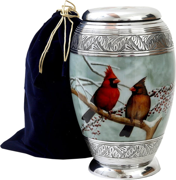 Beautiful Cardinal couple Bird Cremation Large Urn for Human Ashes - Handcrafted - Affordable Urn for Ashes (Adult (200 lbs) – 10.5 x 6 “, Urn)