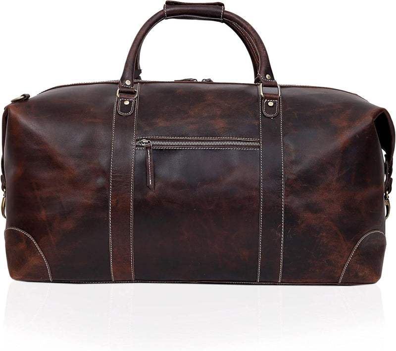 24" Classic Retro Brown Buffalo Leather Travel Duffel: The Ultimate Gym, Travel, and Weekend Companion - Vintage Brown Leather Duffel Bag