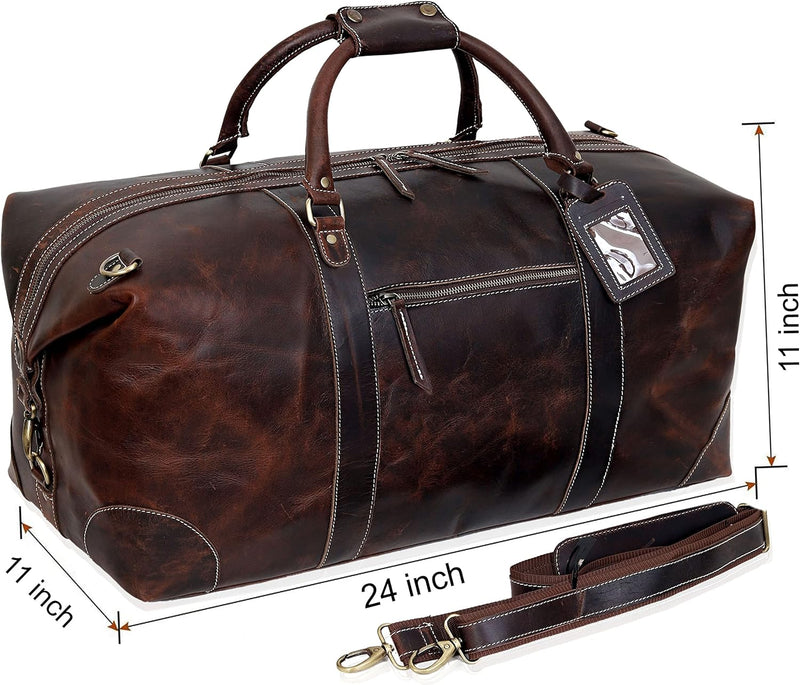 24" Classic Retro Brown Buffalo Leather Travel Duffel: The Ultimate Gym, Travel, and Weekend Companion - Vintage Brown Leather Duffel Bag