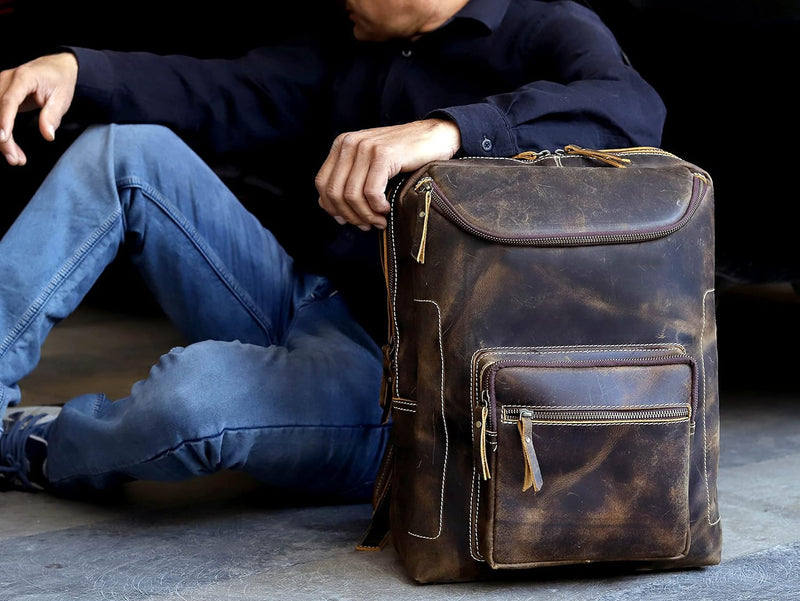 Classic Brown Leather Laptop Backpack: Vintage Elegance for Business and Travel 15.6" size
