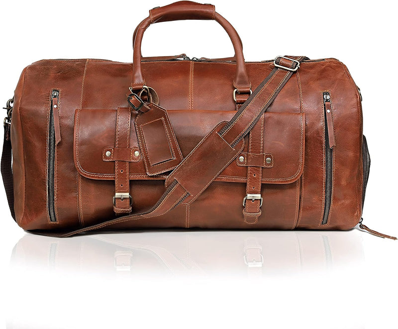 Classic Elegance in Every Journey: Large Leather Travel Duffel Bag Collection (Light Brown) – Leather Weekender BagAvailable in 20", 24", and 28" Sizes - Vintage Brown Leather Duffel Bag -