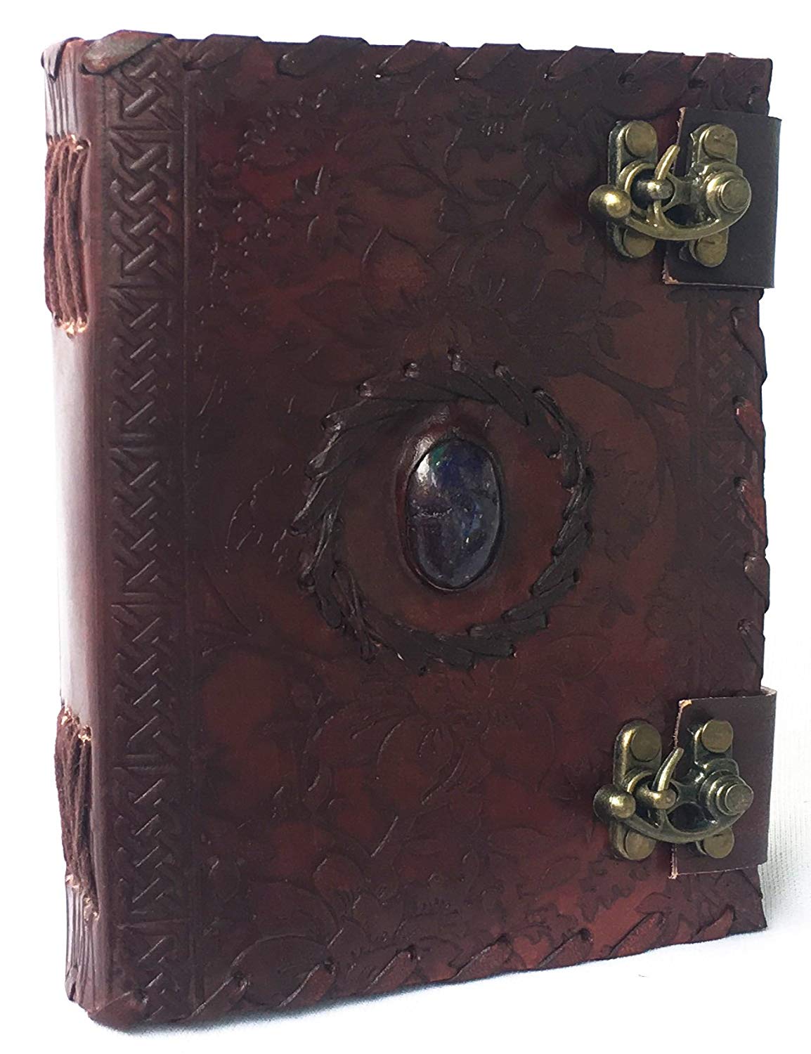 Handmade embossed blue stone leather journal notebook refillable sketchbook with 2 latches, lace edging diary by cuero - cuerobags