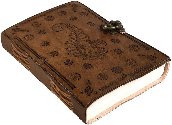 Buy handmade leather journal | Leaf Embossed Antique Leather Journal | leather journal with lock