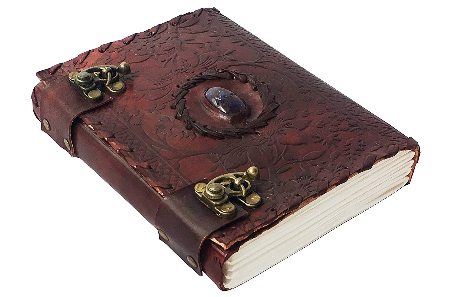 Handmade embossed blue stone leather journal notebook refillable sketchbook with 2 latches, lace edging diary by cuero - cuerobags