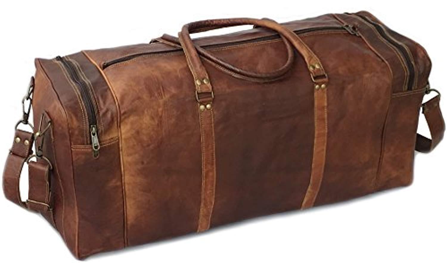 30&quot; Inch Real Goat Vintage Leather Large Handmade Travel Luggage Bags in Square Big Large Brown bag Carry On (28 inch)