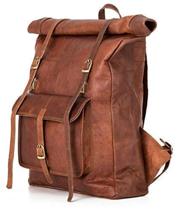 Roll Top Backpack Rucksack for Women Men Vintage Water Resistant Leather Brown Big xl
