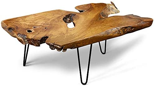 HLC Badang Carving Natural Wood Edge Teak Contemporary Coffee Cocktail Table with Clear Lacquer Finish and Metal Hairpin Legs for Living Room