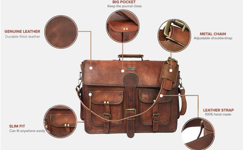 18 Inch Vintage Handmade Leather Travel Messenger Office Crossbody Bag Laptop Briefcase Computer College Satchel Bag For Men And Women (DARK BROWN)