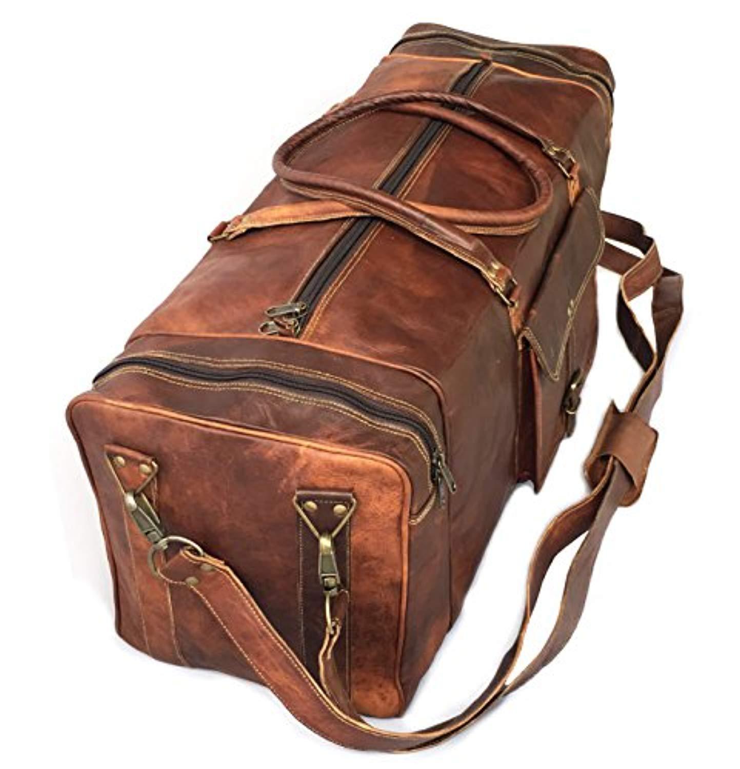 30&quot; Inch Real Goat Vintage Leather Large Handmade Travel Luggage Bags in Square Big Large Brown bag Carry On (28 inch)