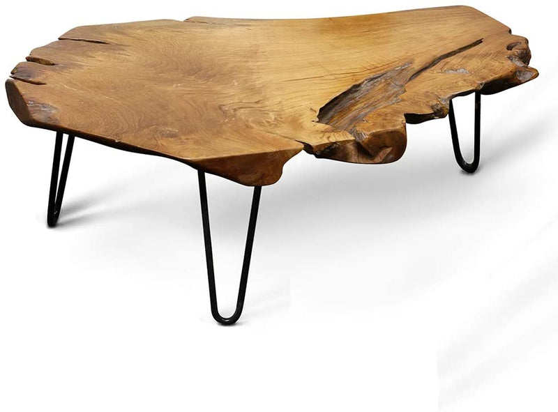 HLC Badang Carving Natural Wood Edge Teak Contemporary Coffee Cocktail Table with Clear Lacquer Finish and Metal Hairpin Legs for Living Room