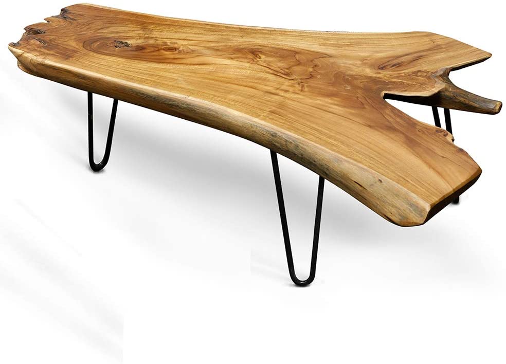 HLC Badang Carving Natural Wood Edge Teak Contemporary Coffee Cocktail Table with Clear Lacquer Finish and Metal Hairpin Legs for Living Room