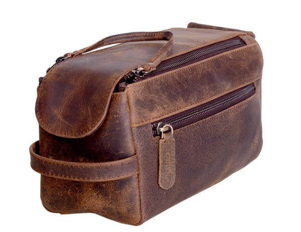 Genuine Buffalo Leather Unisex Toiletry Bag Travel Dopp Kit (Distressed Tan)
